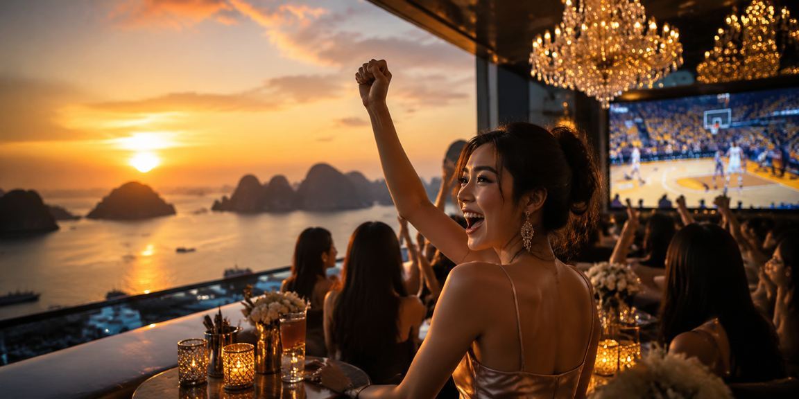 Người dùng xem kèo thể thao tại chợ đêm gần Vịnh Hạ Long trên điện thoại